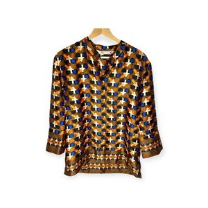 Zara Geometric Brown and Blue Retro Printed Band Collar Button Up Shirt Size M